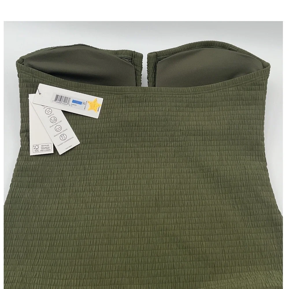 DKNY Womens Olive Green Smocked Strapless Notch One Piece Swimsuit XL NEW - Picture 8 of 13